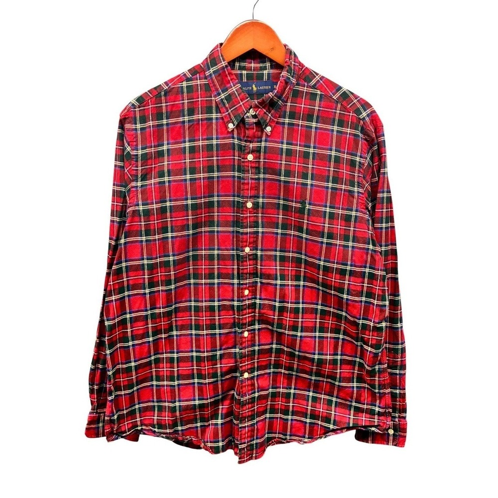 Ralph Lauren Tartan Plaid Button Down Shirt Mens XL Red Navy Festive Preppy